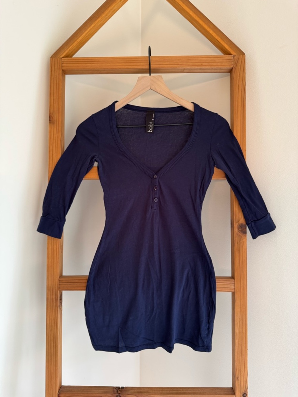 bobi Navy Scoop Neck Henley Long Sleeve Top